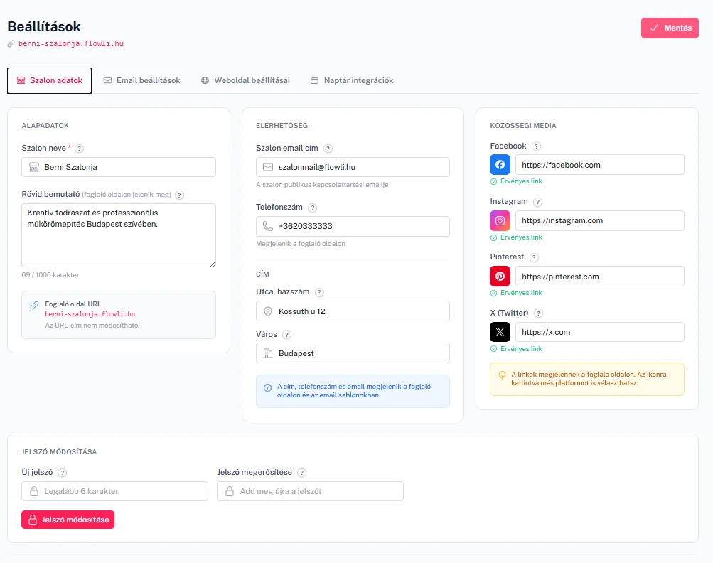 Flowli szalon alapadatok beállítása — online időpontfoglaló