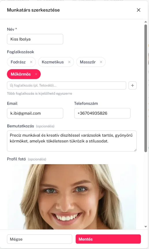 Munkatárs szerkesztése Flowli szalonkezelőben
