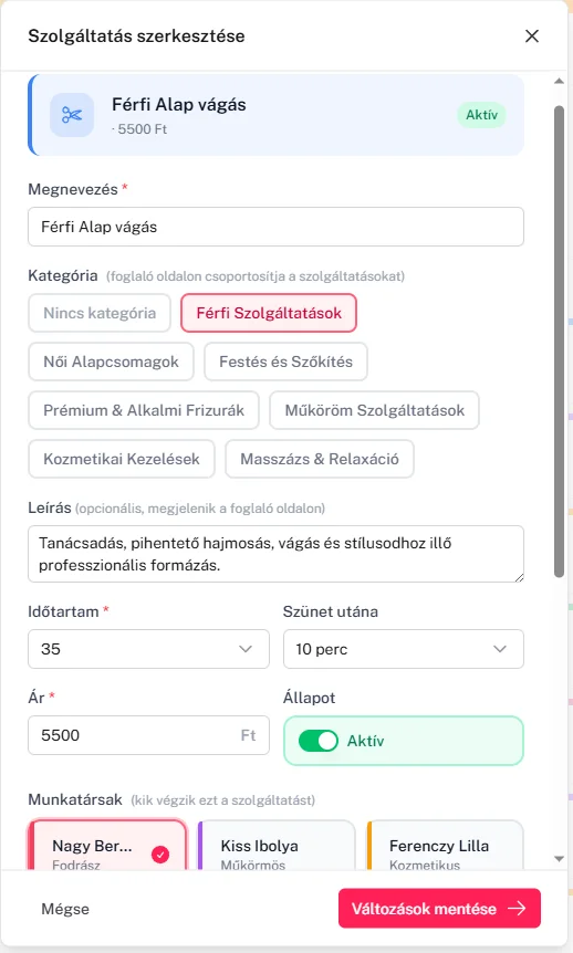 Szolgáltatás szerkesztése Flowli online időpontfoglalóban