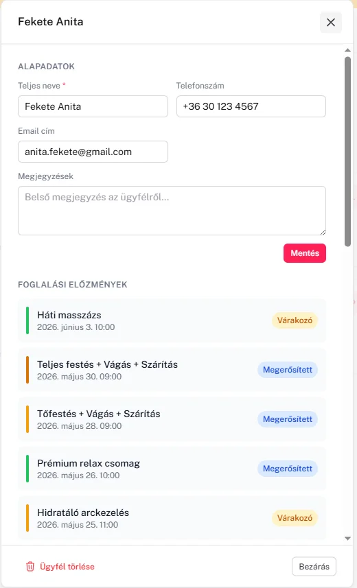 Ügyfél foglalástörténete Flowli online szalonkezelőben