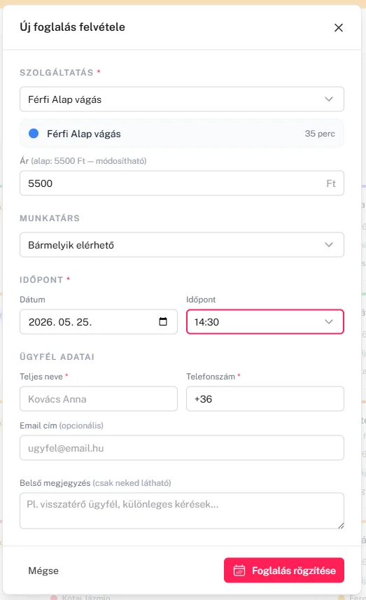 Új foglalás felvétele Flowli szalon szoftverben