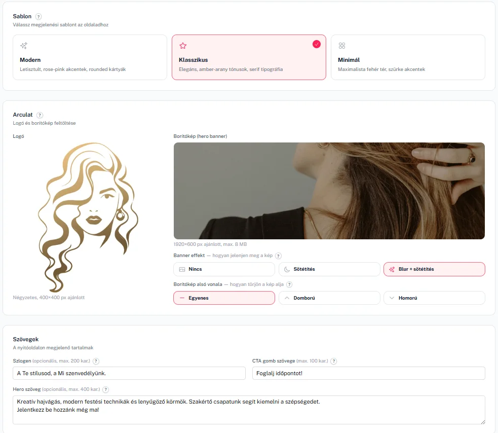 Szalon weboldal testreszabása Flowli-ban