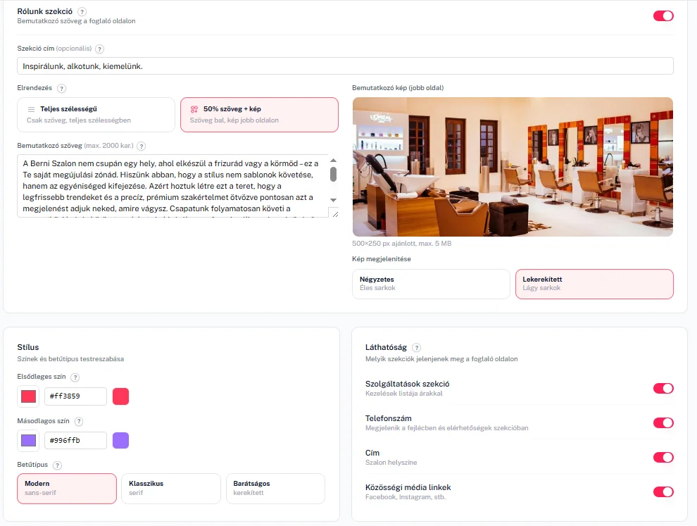 Flowli szalon weboldal szerkesztő — téma beállítás
